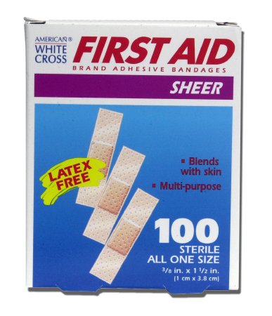 Bandages Adhesive Strip American® White Cross 3/8 X 1-1/2 Inch Plastic Rectangle Tan Sterile (100/BX 24BX/CS) by Dukal Corporation  ID 1298033